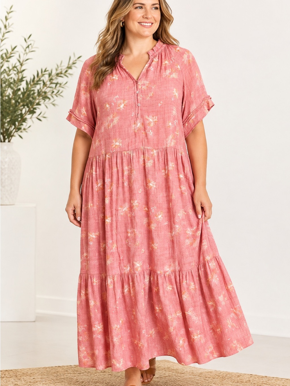 Dusty Rose Floral Tiered Maxi Dress